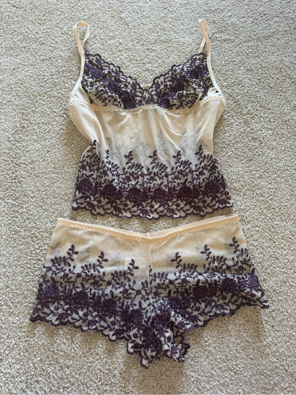 Cream Sheer Camisole & Shorts with Purple Floral Lace